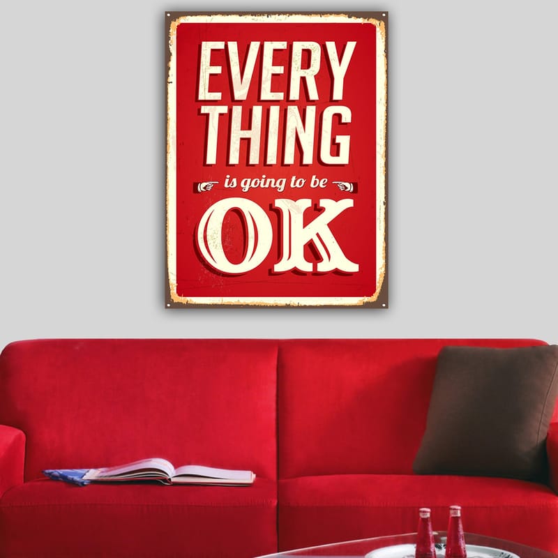 Canvas taulu 70x100 cm - Kohottava kyltti retrotyylisellä tekstillä EVERYTHING is going to be OK - Punainen / Valkoinen - Sisustustuotteet - Taulu & taide - Canvas-taulu