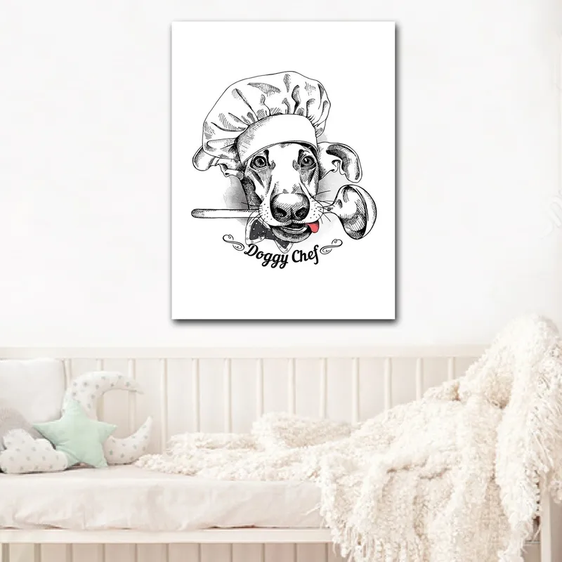 Canvas taulu 70x100 cm - Koiraksi pukeutunut kokki lusikka suussaan, Musta / Valkoinen / Harmaa