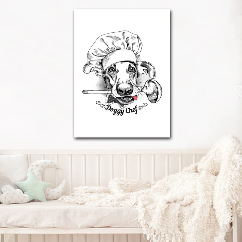 Canvas taulu 70x100 cm - Koiraksi pukeutunut kokki lusikka suussaan, Musta / Valkoinen / Harmaa