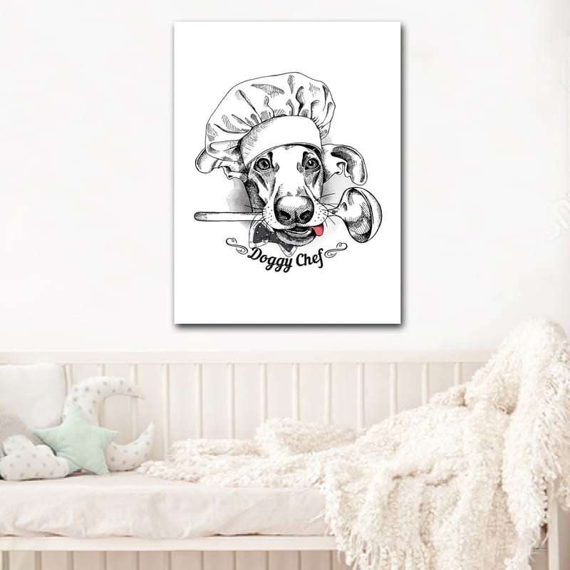 Canvas taulu 70x100 cm - Koiraksi pukeutunut kokki lusikka suussaan - Musta / Valkoinen / Harmaa - Sisustustuotteet - Taulu & taide - Canvas-taulu