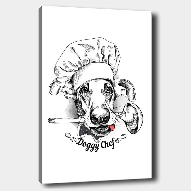 Canvas taulu 70x100 cm - Koiraksi pukeutunut kokki lusikka suussaan - Musta / Valkoinen / Harmaa - Sisustustuotteet - Taulu & taide - Canvas-taulu