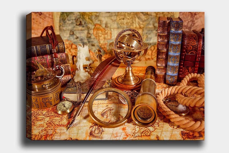 Canvas taulu 70x100 cm - Kokoelma antiikkisia navigointityökaluja ja kirjoja, jotka luovat nostalgisen tutkimusmatkailun tunnelman - Kulta / Ruskea / Beige - Sisustustuotteet - Taulu & taide - Canvas-taulu