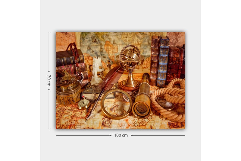 Canvas taulu 70x100 cm - Kokoelma antiikkisia navigointityökaluja ja kirjoja, jotka luovat nostalgisen tutkimusmatkailun tunnelman - Kulta / Ruskea / Beige - Sisustustuotteet - Taulu & taide - Canvas-taulu