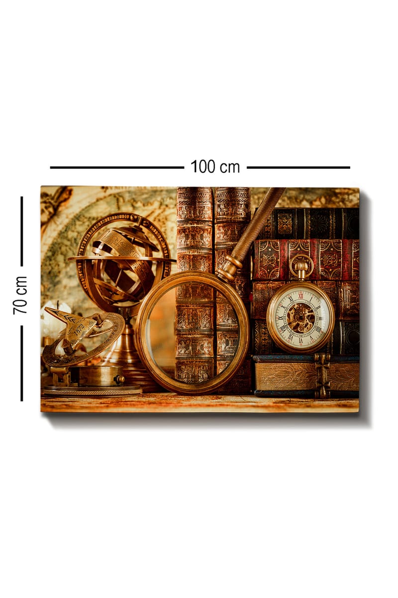 Canvas taulu 70x100 cm - Kokoelma antiikkisia navigointityökaluja ja kirjoja, jotka välittävät historian ja tutkimusmatkailun tunnetta - Kulta / Ruskea / Tummanpunainen - Sisustustuotteet - Taulu & taide - Canvas-taulu