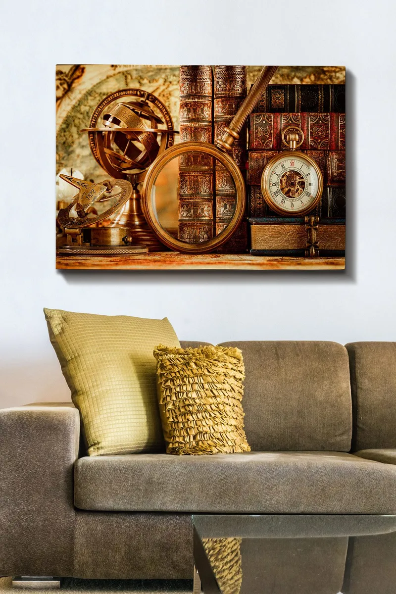 Canvas taulu 70x100 cm - Kokoelma antiikkisia navigointityökaluja ja kirjoja, jotka välittävät historian ja tutkimusmatkailun tunnetta - Kulta / Ruskea / Tummanpunainen - Sisustustuotteet - Taulu & taide - Canvas-taulu