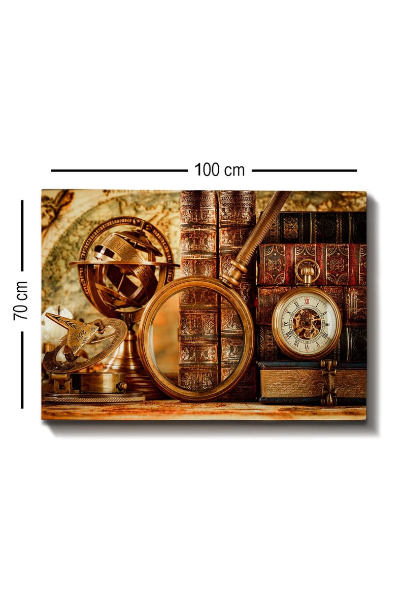 Canvas taulu 70x100 cm - Kokoelma antiikkisia navigointityökaluja ja kirjoja, jotka välittävät historian ja tutkimusmatkailun tunnetta - Kulta / Ruskea / Tummanpunainen - Sisustustuotteet - Taulu & taide - Canvas-taulu
