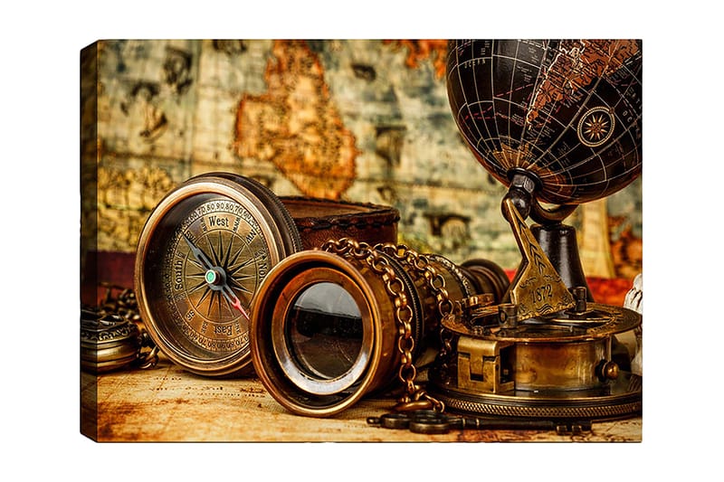 Canvas taulu 70x100 cm - Kokoelma antiikkisia navigointityökaluja ja maapallo, jotka symboloivat tutkimusmatkailua ja seikkailua, Pronssi / Musta / Beige