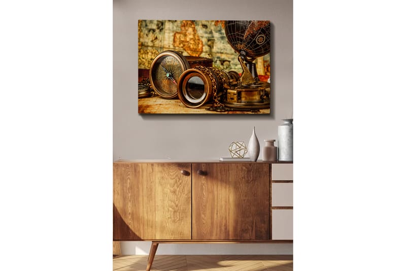 Canvas taulu 70x100 cm - Kokoelma antiikkisia navigointityökaluja ja maapallo, jotka symboloivat tutkimusmatkailua ja seikkailua - Pronssi / Musta / Beige - Sisustustuotteet - Taulu & taide - Canvas-taulu