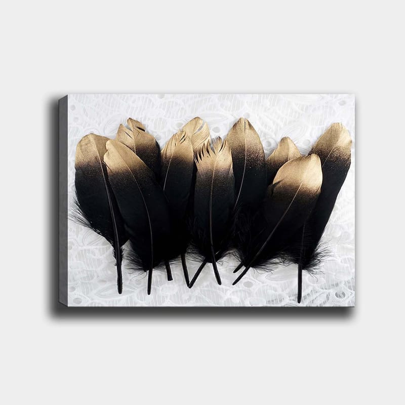 Canvas taulu 70x100 cm - Kokoelma elegantteja höyheniä mustana ja kultaisena, Musta / Kulta