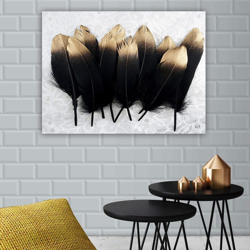 Canvas taulu 70x100 cm - Kokoelma elegantteja höyheniä mustana ja kultaisena - Musta / Kulta - Sisustustuotteet - Taulu & taide - Canvas-taulu