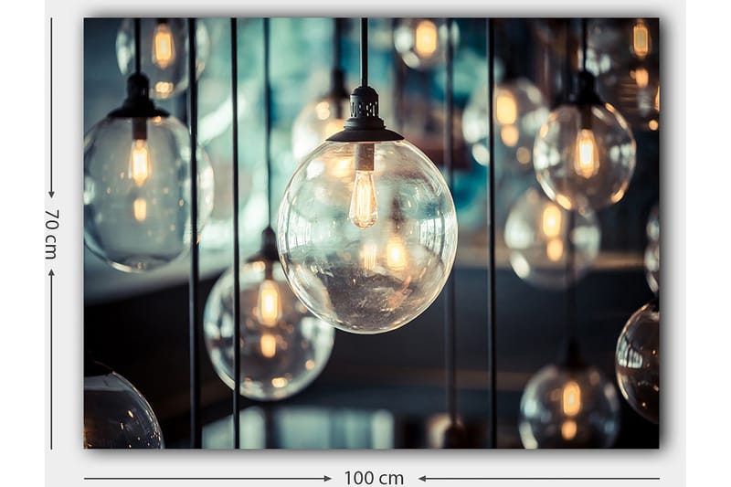 Canvas taulu 70x100 cm - Kokoelma erikokoisia riippuvia lamppuja, jotka luovat lämpimän ja valoisan tunnelman - Kirkas / Musta / Kulta - Sisustustuotteet - Taulu & taide - Canvas-taulu
