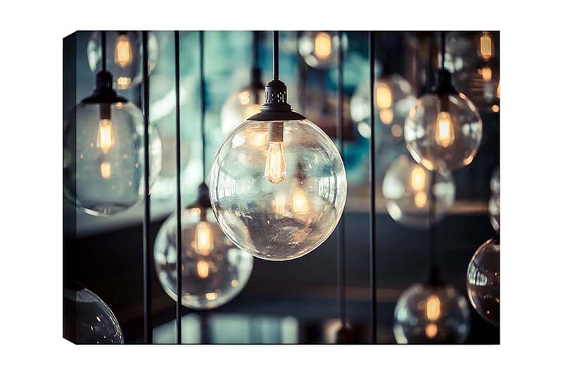 Canvas taulu 70x100 cm - Kokoelma erikokoisia riippuvia lamppuja, jotka luovat lämpimän ja valoisan tunnelman, Kirkas / Musta / Kulta