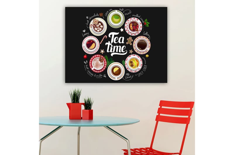 Canvas taulu 70x100 cm - Kokoelma erilaisia tee- ja kahvijuomia koristelluissa kulhoissa, Punainen / Valkoinen / Vihreä