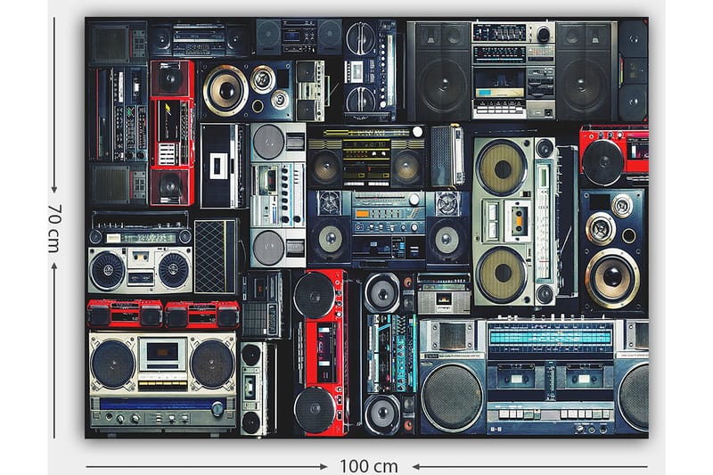 Canvas taulu 70x100 cm - Kokoelma retroäänijärjestelmiä ja kasettisoittimia eri kokoisina ja muotoisina - Punainen / Musta / Harmaa - Sisustustuotteet - Taulu & taide - Canvas-taulu