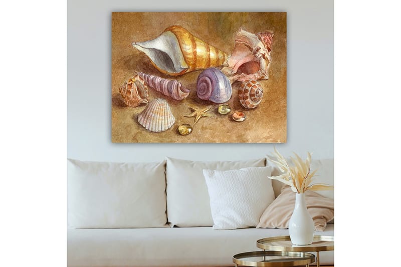 Canvas taulu 70x100 cm - Kokoelma simpukoita ja kiviä pehmeissä, luonnollisissa väreissä - Beige / Violetti / Oranssi - Sisustustuotteet - Taulu & taide - Canvas-taulu