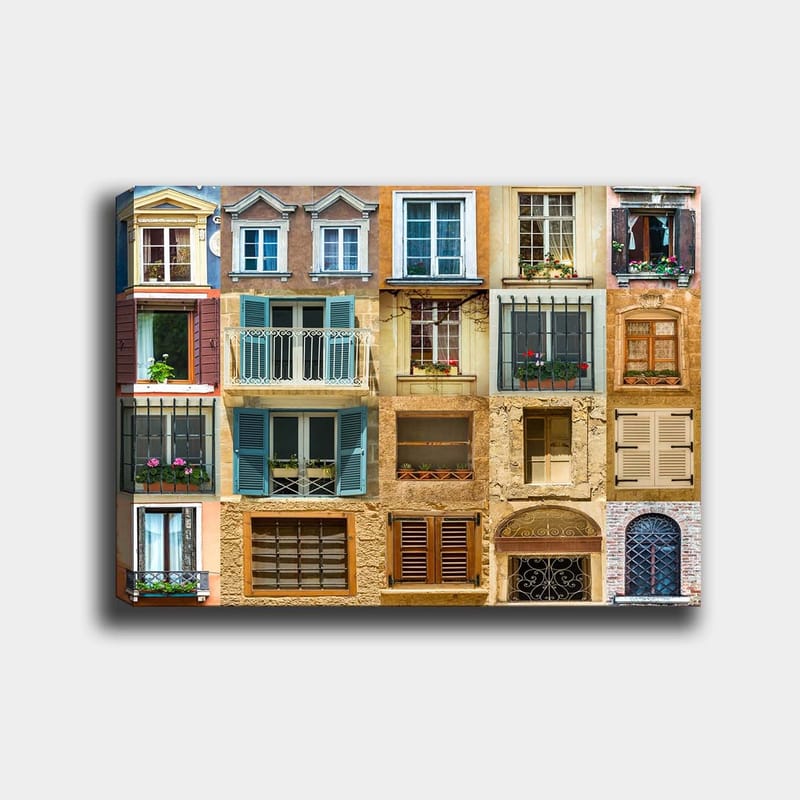 Canvas taulu 70x100 cm - Kokoelma värikkäitä ikkunoita ja parvekkeita, jotka esittelevät erilaisia arkkitehtonisia tyylejä - Kulta / Sininen / Terrakotta - Sisustustuotteet - Taulu & taide - Canvas-taulu