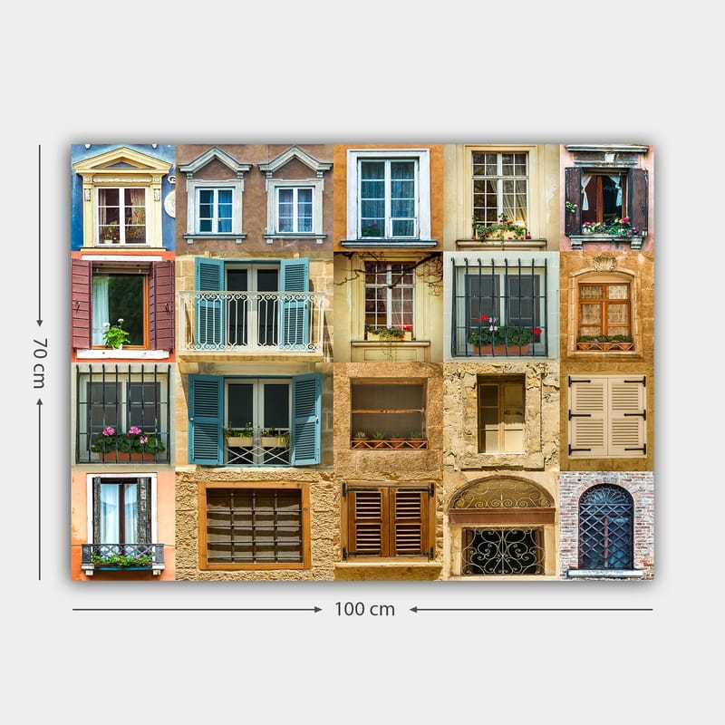 Canvas taulu 70x100 cm - Kokoelma värikkäitä ikkunoita ja parvekkeita, jotka esittelevät erilaisia arkkitehtonisia tyylejä - Kulta / Sininen / Terrakotta - Sisustustuotteet - Taulu & taide - Canvas-taulu