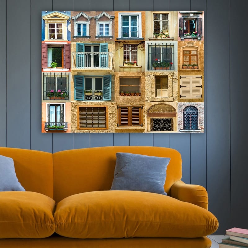 Canvas taulu 70x100 cm - Kokoelma värikkäitä ikkunoita ja parvekkeita, jotka esittelevät erilaisia arkkitehtonisia tyylejä, Kulta / Sininen / Terrakotta
