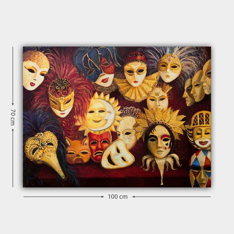 Canvas taulu 70x100 cm - Kokoelma värikkäitä naamioita erilaisilla ilmeillä ja yksityiskohdilla - Kulta / Punainen / Musta - Sisustustuotteet - Taulu & taide - Canvas-taulu