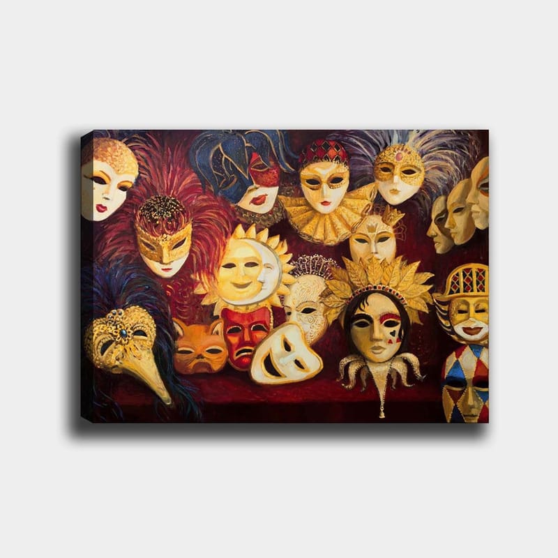 Canvas taulu 70x100 cm - Kokoelma värikkäitä naamioita erilaisilla ilmeillä ja yksityiskohdilla, Kulta / Punainen / Musta