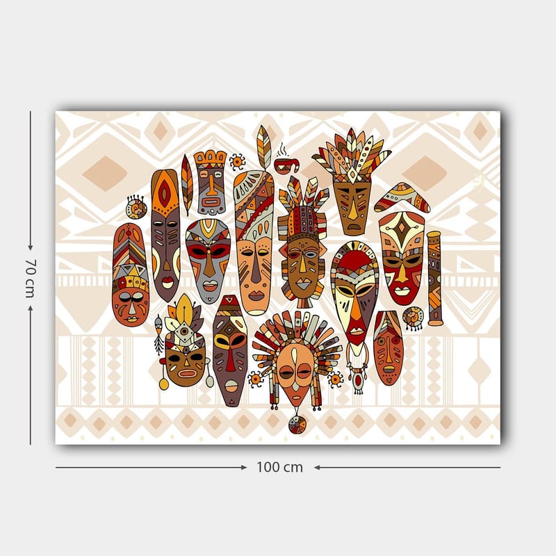 Canvas taulu 70x100 cm - Kokoelma värikkäitä naamioita erilaisilla ilmeillä ja yksityiskohtaisilla koristeilla - Punainen / Ruskea / Beige - Sisustustuotteet - Taulu & taide - Canvas-taulu