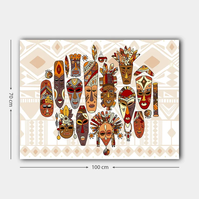 Canvas taulu 70x100 cm - Kokoelma värikkäitä naamioita erilaisilla ilmeillä ja yksityiskohtaisilla koristeilla - Punainen / Ruskea / Beige - Sisustustuotteet - Taulu & taide - Canvas-taulu