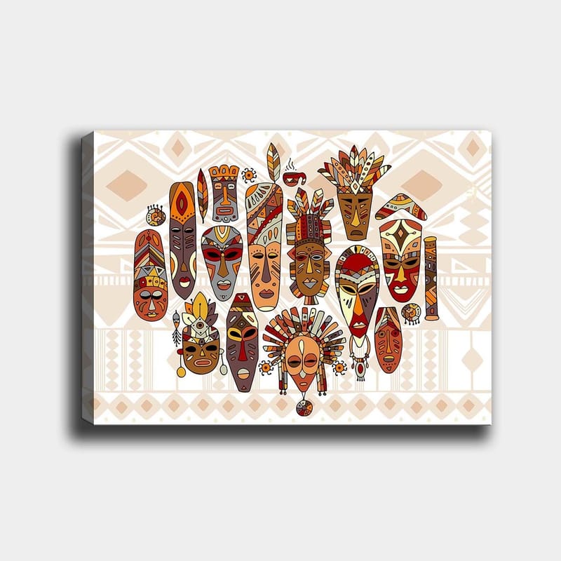 Canvas taulu 70x100 cm - Kokoelma värikkäitä naamioita erilaisilla ilmeillä ja yksityiskohtaisilla koristeilla - Punainen / Ruskea / Beige - Sisustustuotteet - Taulu & taide - Canvas-taulu
