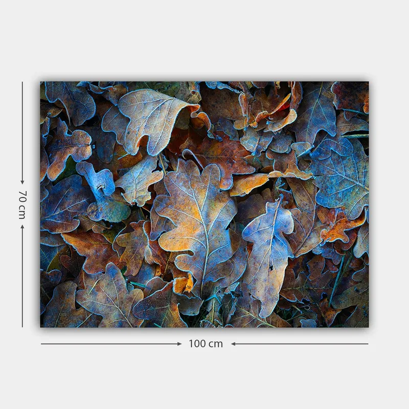 Canvas taulu 70x100 cm - Kokoelma värikkäitä tammenlehtiä eri sävyissä, jotka luovat harmonisen ja luonnollisen sommitelman - Sininen / Oranssi / Ruskea - Sisustustuotteet - Taulu & taide - Canvas-taulu