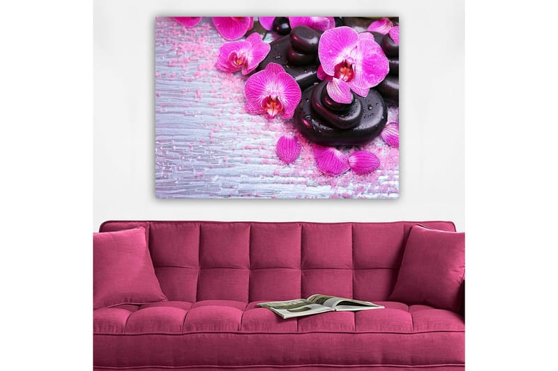 Canvas taulu 70x100 cm - Kokoelma violetteja orkideoita ja mustia kiviä vaalealla taustalla - Violetti / Musta - Sisustustuotteet - Taulu & taide - Canvas-taulu