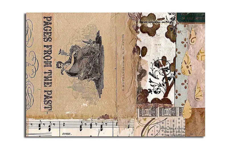 Canvas taulu 70x100 cm - Kollaasi vanhoista kirjanlehdistä ja koristeellisista kuvioista, joiden keskellä on nostalgiaa ja historiaa korostava hahmo. - Beige / Ruskea / Musta - Sisustustuotteet - Taulu & taide - Canvas-taulu