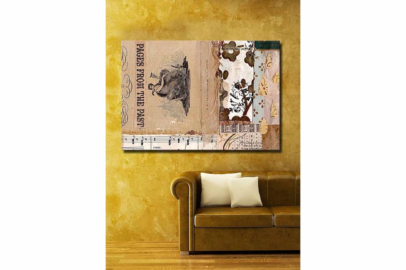 Canvas taulu 70x100 cm - Kollaasi vanhoista kirjanlehdistä ja koristeellisista kuvioista, joiden keskellä on nostalgiaa ja historiaa korostava hahmo. - Beige / Ruskea / Musta - Sisustustuotteet - Taulu & taide - Canvas-taulu