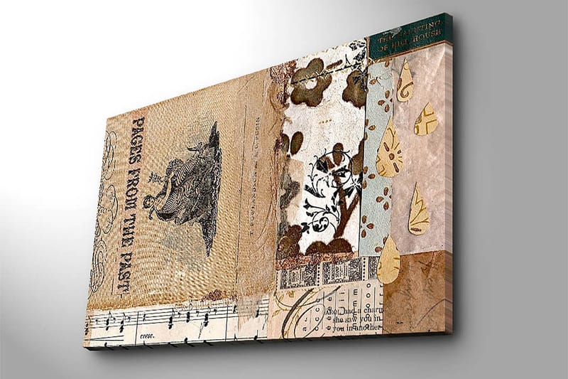 Canvas taulu 70x100 cm - Kollaasi vanhoista kirjanlehdistä ja koristeellisista kuvioista, joiden keskellä on nostalgiaa ja historiaa korostava hahmo. - Beige / Ruskea / Musta - Sisustustuotteet - Taulu & taide - Canvas-taulu
