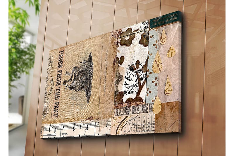 Canvas taulu 70x100 cm - Kollaasi vanhoista kirjanlehdistä ja koristeellisista kuvioista, joiden keskellä on nostalgiaa ja historiaa korostava hahmo. - Beige / Ruskea / Musta - Sisustustuotteet - Taulu & taide - Canvas-taulu