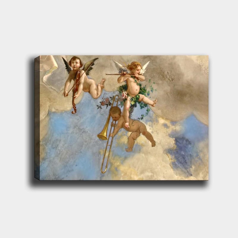 Canvas taulu 70x100 cm - Kolme enkeliä soittamassa musiikkia unenomaisella taivaalla, Sininen / Beige / Vaaleanpunainen