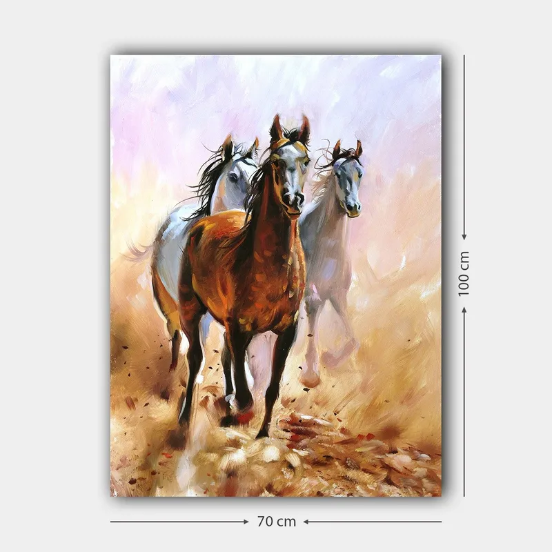 Canvas taulu 70x100 cm - Kolme hevosta laukkaa eteenpäin dynaamisessa liikkeessä - Ruskea / Valkoinen / Beige - Sisustustuotteet - Taulu & taide - Canvas-taulu