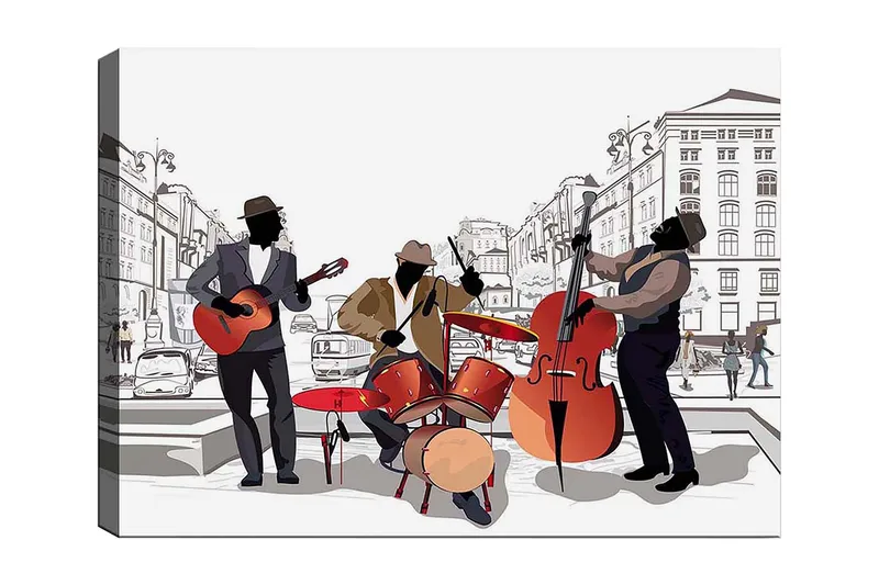 Canvas taulu 70x100 cm - Kolme kadulla soittavaa muusikkoa keskittyen kitaraan, rumpuihin ja kontrabassoon, Punainen / Musta / Beige