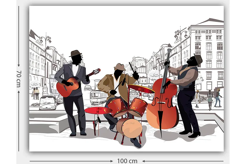 Canvas taulu 70x100 cm - Kolme kadulla soittavaa muusikkoa keskittyen kitaraan, rumpuihin ja kontrabassoon - Punainen / Musta / Beige - Sisustustuotteet - Taulu & taide - Canvas-taulu