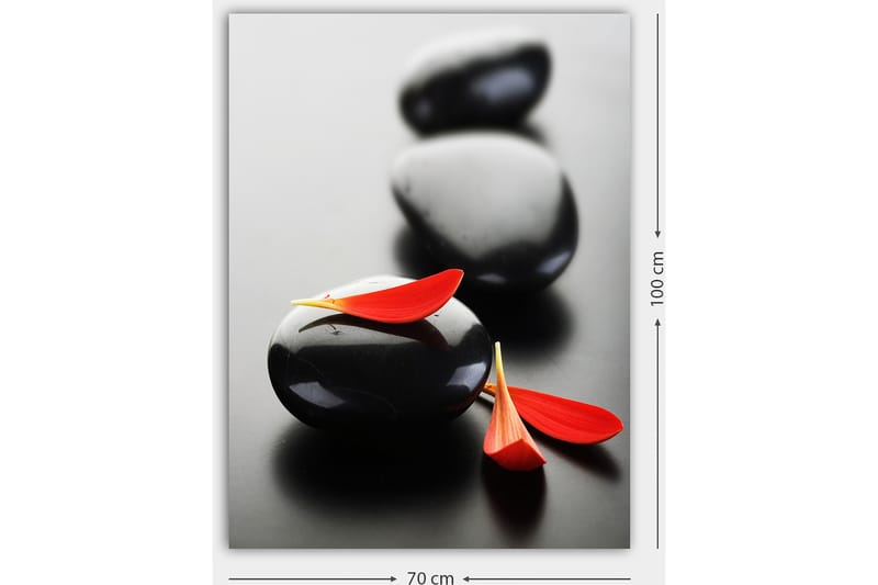 Canvas taulu 70x100 cm - Kolme mustaa kiveä ja punaisia kukkaterälehtiä luovat harmonisen ja rentouttavan sommitelman. - Musta / Punainen - Sisustustuotteet - Taulu & taide - Canvas-taulu