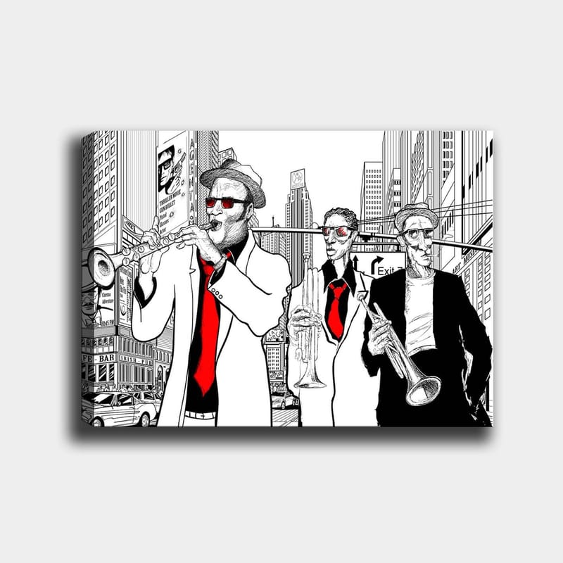 Canvas taulu 70x100 cm - Kolme muusikkoa puvuissaan soittamassa instrumentteja vilkkaalla kadulla, Punainen / Musta / Valkoinen