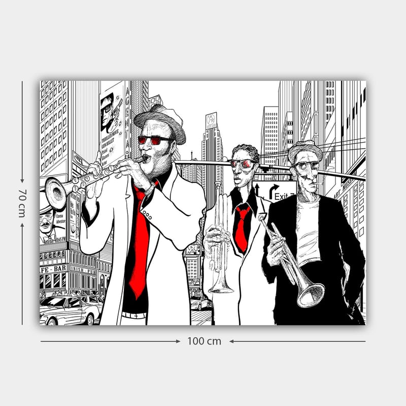 Canvas taulu 70x100 cm - Kolme muusikkoa puvuissaan soittamassa instrumentteja vilkkaalla kadulla - Punainen / Musta / Valkoinen - Sisustustuotteet - Taulu & taide - Canvas-taulu