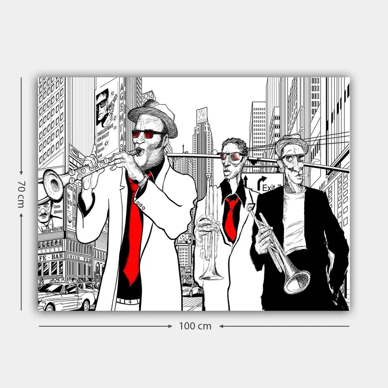 Canvas taulu 70x100 cm - Kolme muusikkoa puvuissaan soittamassa instrumentteja vilkkaalla kadulla - Punainen / Musta / Valkoinen - Sisustustuotteet - Taulu & taide - Canvas-taulu