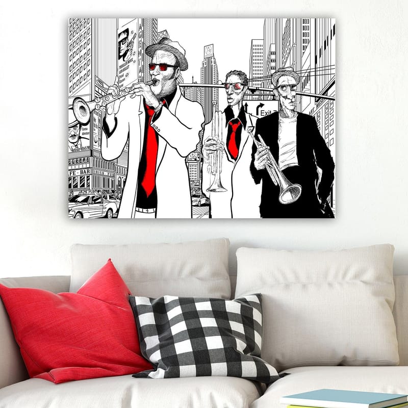 Canvas taulu 70x100 cm - Kolme muusikkoa puvuissaan soittamassa instrumentteja vilkkaalla kadulla - Punainen / Musta / Valkoinen - Sisustustuotteet - Taulu & taide - Canvas-taulu