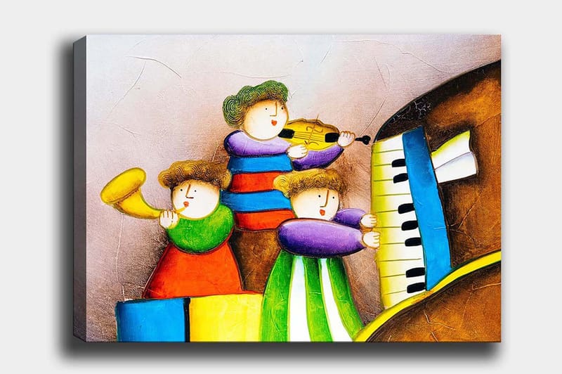 Canvas taulu 70x100 cm - Kolme onnellista lasta soittamassa musiikkia eri soittimilla, Vihreä / Punainen / Sininen