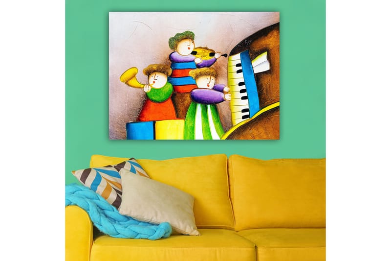 Canvas taulu 70x100 cm - Kolme onnellista lasta soittamassa musiikkia eri soittimilla - Vihreä / Punainen / Sininen - Sisustustuotteet - Taulu & taide - Canvas-taulu