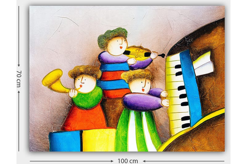 Canvas taulu 70x100 cm - Kolme onnellista lasta soittamassa musiikkia eri soittimilla - Vihreä / Punainen / Sininen - Sisustustuotteet - Taulu & taide - Canvas-taulu