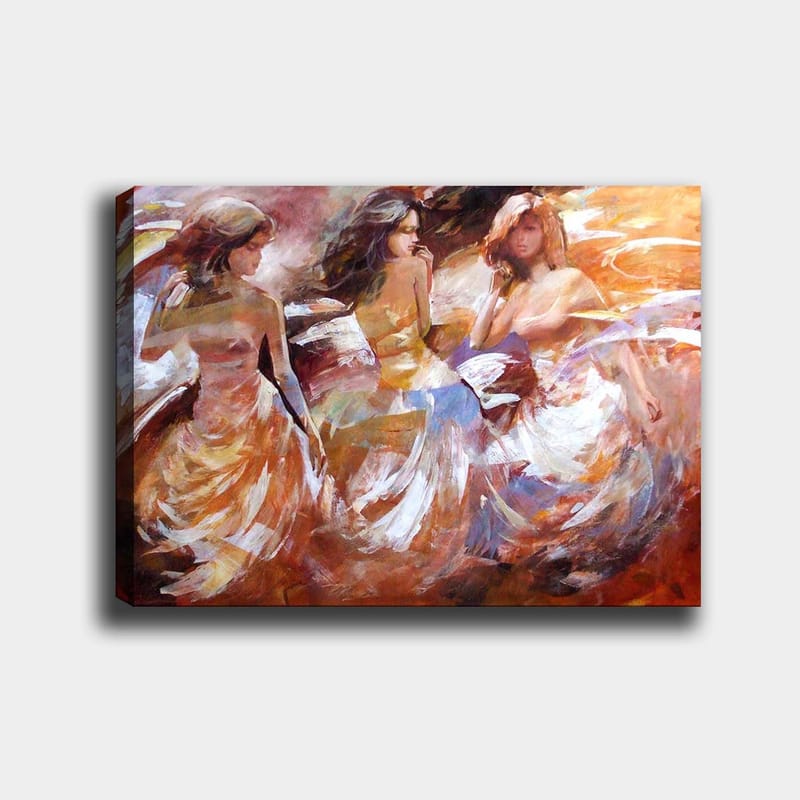 Canvas taulu 70x100 cm - Kolme tanssivaa naista liehuvissa mekoissaan dynaamisessa liikkeessä - Oranssi / Valkoinen / Beige - Sisustustuotteet - Taulu & taide - Canvas-taulu