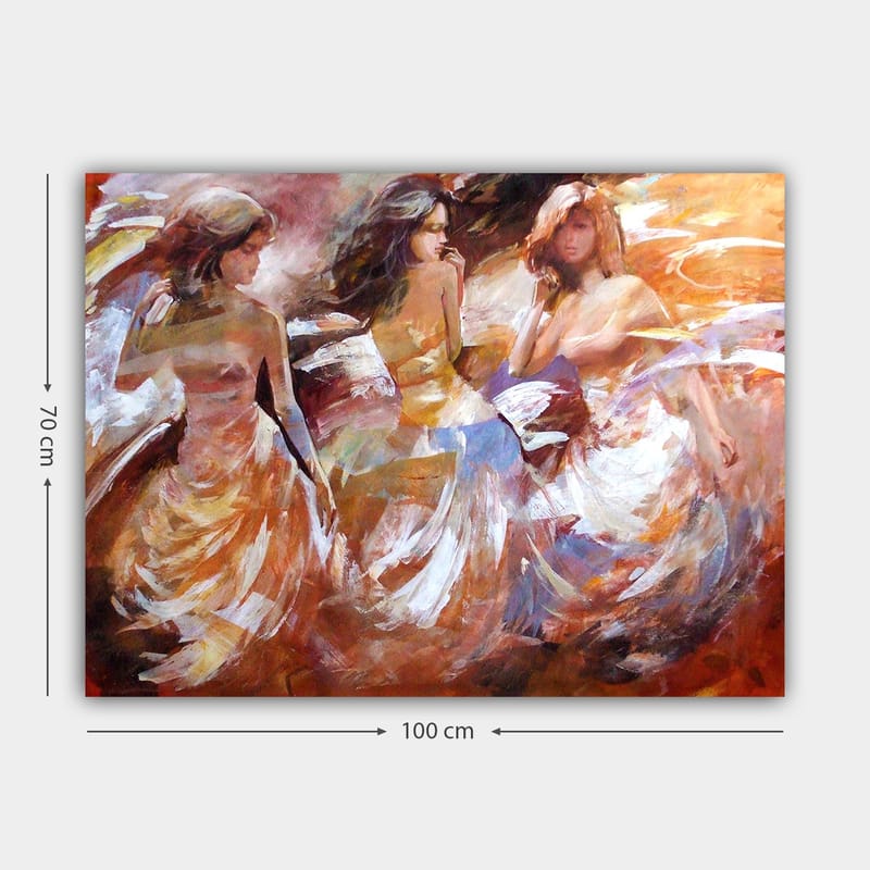 Canvas taulu 70x100 cm - Kolme tanssivaa naista liehuvissa mekoissaan dynaamisessa liikkeessä - Oranssi / Valkoinen / Beige - Sisustustuotteet - Taulu & taide - Canvas-taulu