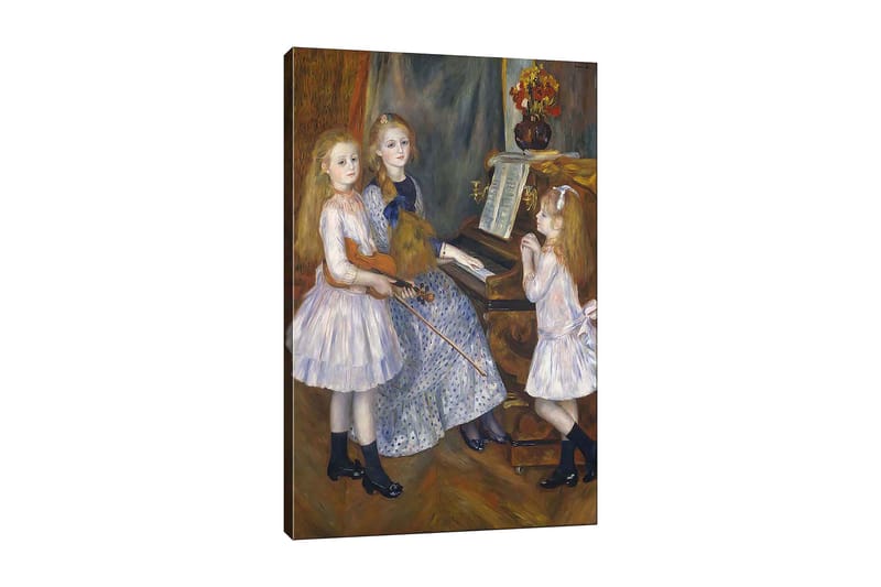 Canvas taulu 70x100 cm - Kolme tyttöä soittamassa musiikkia pianon ääressä, Vaaleansininen / Valkoinen / Musta