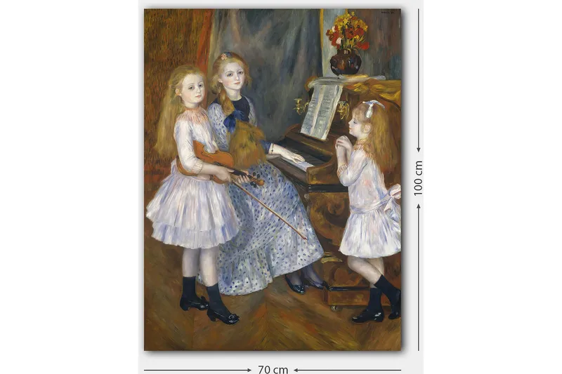 Canvas taulu 70x100 cm - Kolme tyttöä soittamassa musiikkia pianon ääressä - Vaaleansininen / Valkoinen / Musta - Sisustustuotteet - Taulu & taide - Canvas-taulu