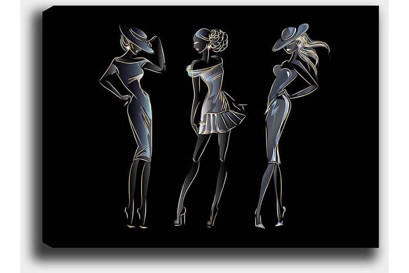 Canvas taulu 70x100 cm - Kolmen elegantin naisen siluetit muodikkaissa vaatteissa - Musta / Kulta / Valkoinen - Sisustustuotteet - Taulu & taide - Canvas-taulu